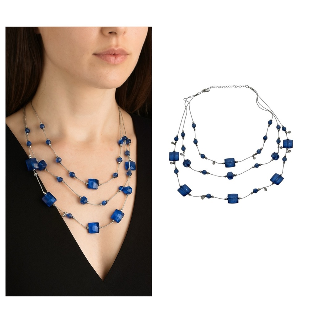 Triple Strand Silver & Blue Faceted Chain Necklace